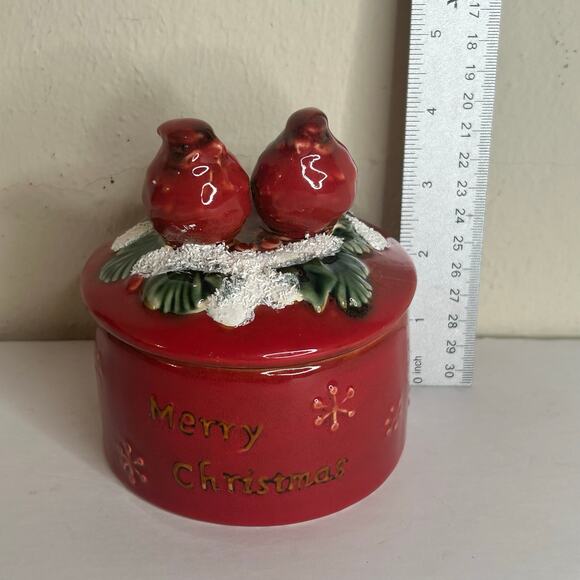 Red Cardinals Merry Christmas Ceramic Lidded Trinket Box Holiday Winter Canister - Picture 7 of 9